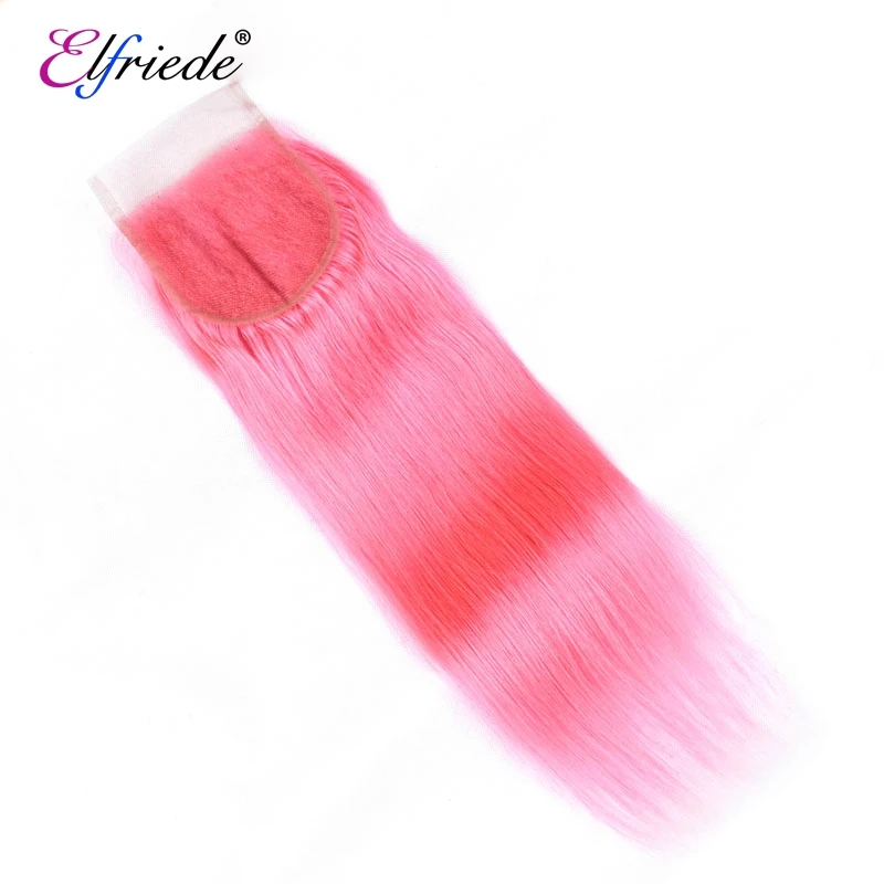 Elfriede #Pink Straight Hair Bundles with Closure 100% Remy Human Hair Sew In Wefts 3 Bundles with 4X4 Transparent Lace Closure