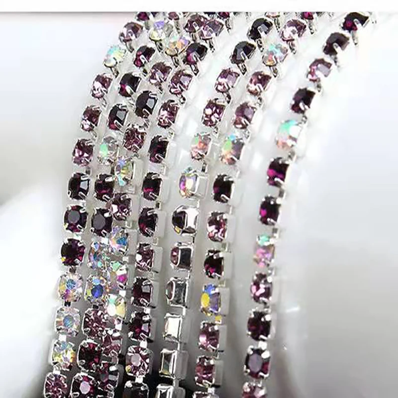 Mix Color 1yard/Piece 17Colors Glass Crystal Rhinestone Chain,Silver Bottom Sew on Cup Chains For Diy Garment Bags Decorations