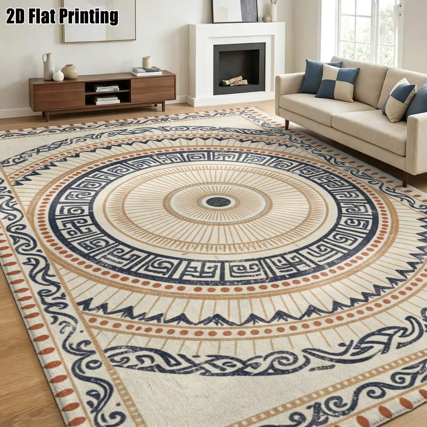 1Pc 2D Printed Carpet with Blue-Brown Geometric Totem Patterns Nordic/European/Vintage/Bohemian/Modern Minimalist Style, Suitable for Home Decor, Available in Multiple Sizes, Machine Washable, Ideal for Entryway, Dining Room, Foyer, Bedroom, Living Room.
