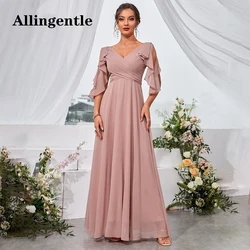 Allingentle Ruffle Trim Cold Shoulder Tie Back Chiffon Maxi Bridesmaid Dress 2024 V-Neck A-Line Floor Length Evening Party Gowns