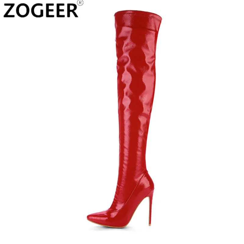 Elastic Thigh High Boots Women Red Thin Heels Over-the-knee Boot Sexy Zipper Nightclub Dance Ladies Long Latex Shoes Big Size 45