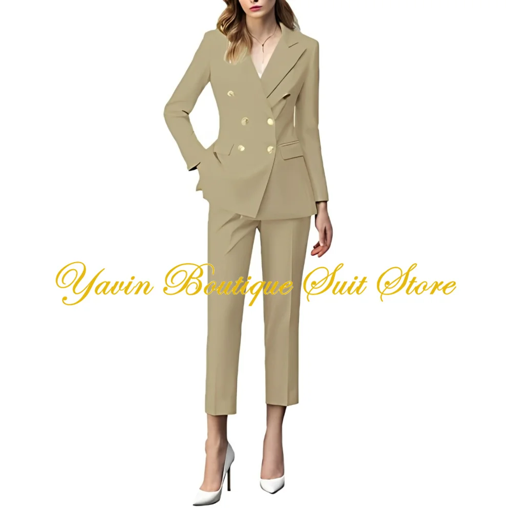 2 Piece Women\'s Suit Peaked Lapel Classic Fit Outfit Double Breasted Jacket Formal Business Blazer Pant Suits