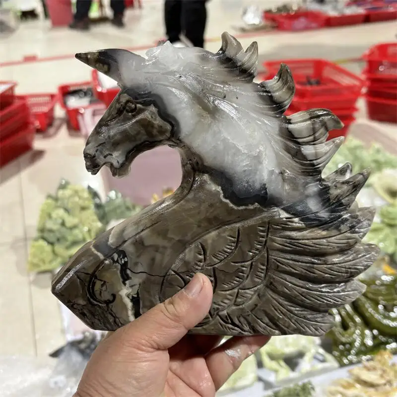 Natural Volcanic Agate Unicorn Carving Witchcraft Ornaments Home Decoration Accessories Room Decor Gift 1PCS
