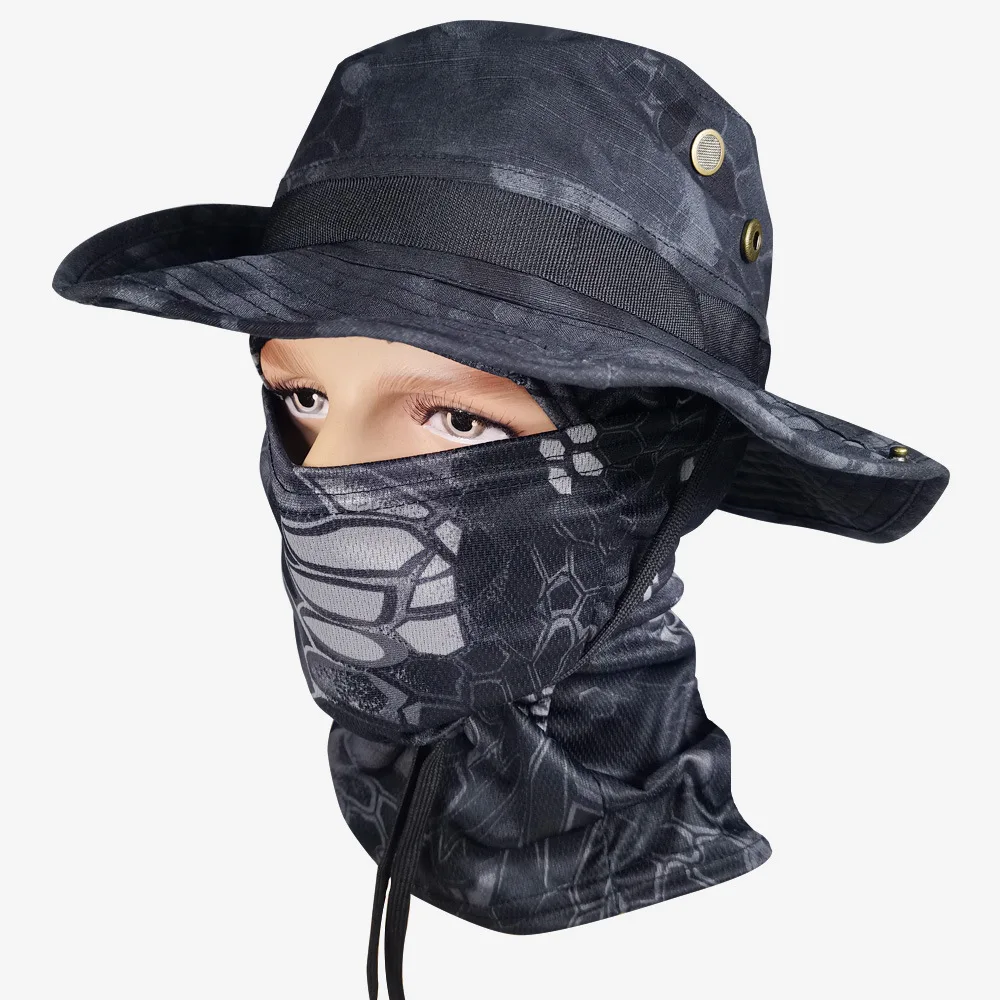 Camo Hat for Men W/ Cooling Neck Gaiter Wide Brim Camo Hat Face Scarf Mask Tactical Military for Running Hunting Fishing Outdoor