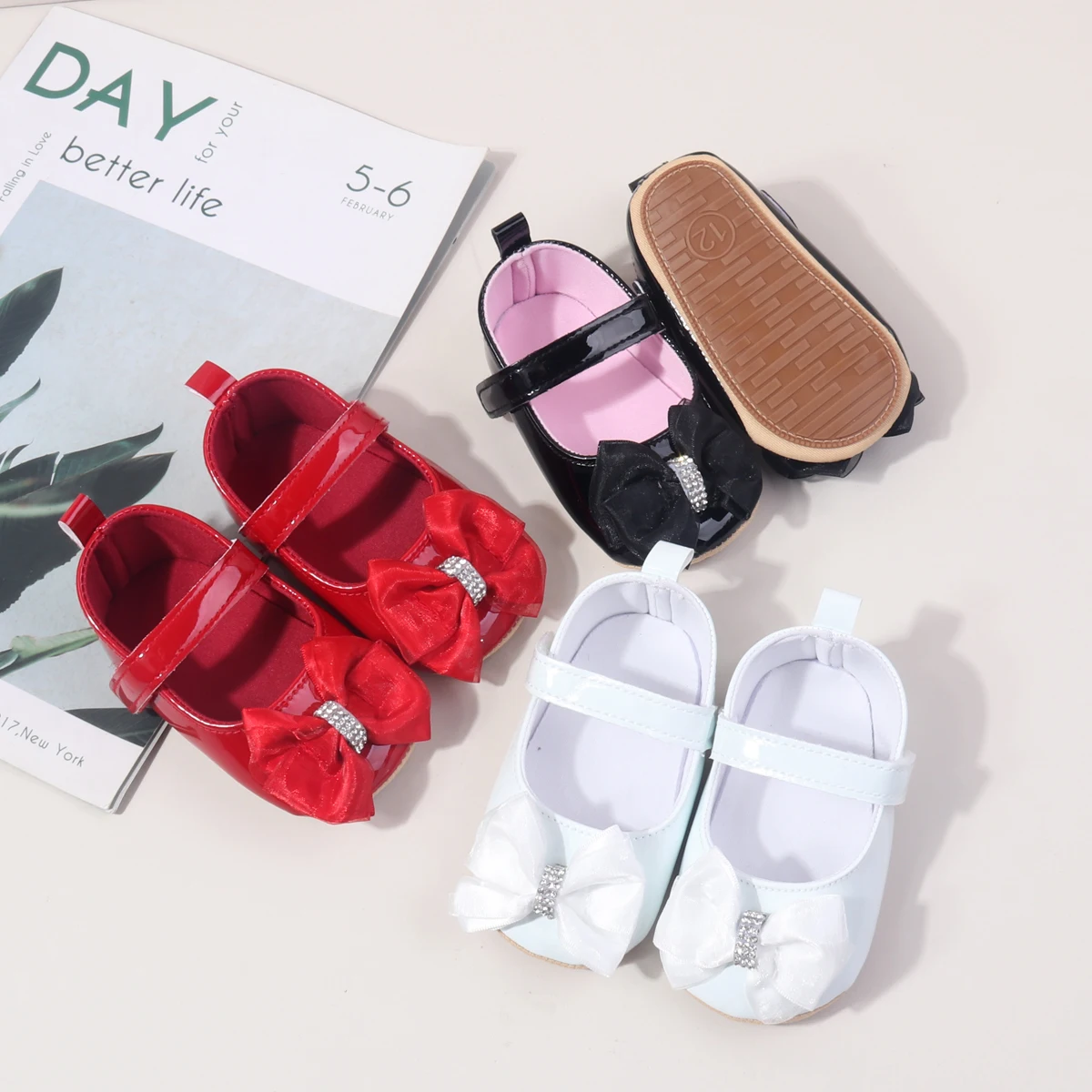 

New Girl Baby Bow Anti Slip Soft Sole Princess Shoes Spring And Autumn Red New Year Christmas Bow Walking Shoes
