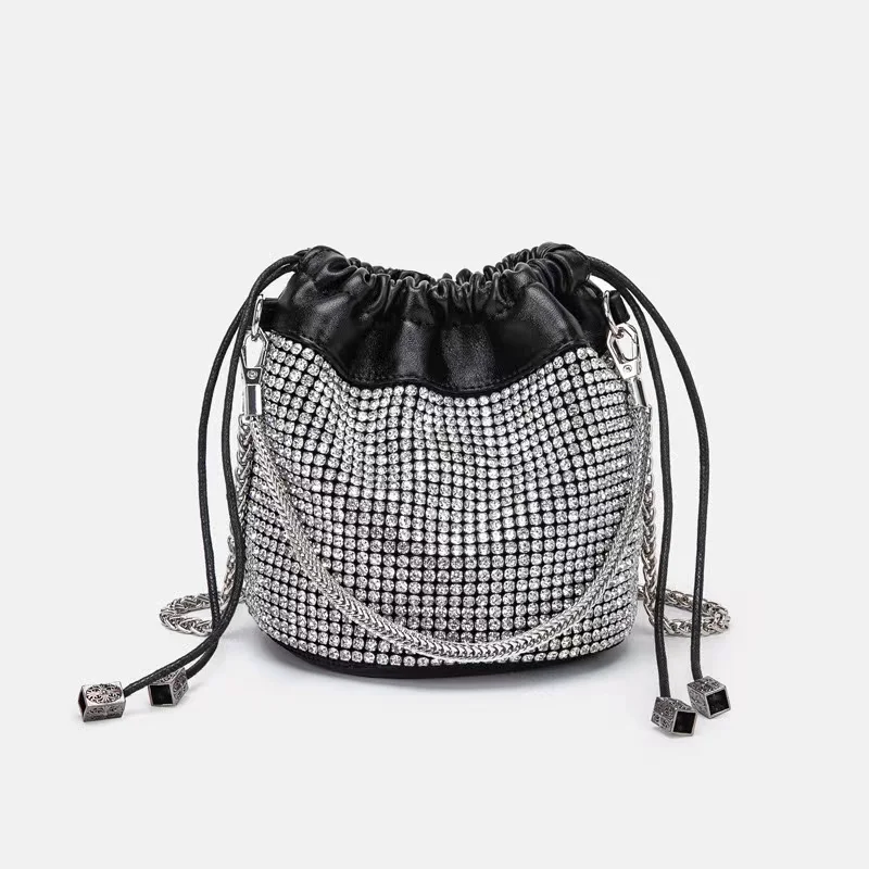 Crystal Shiny Rhinestones Diamond Bucket Bag Black String Women's Handbag Evening Bag Wedding Party Clutch Purse Shoulder Bag