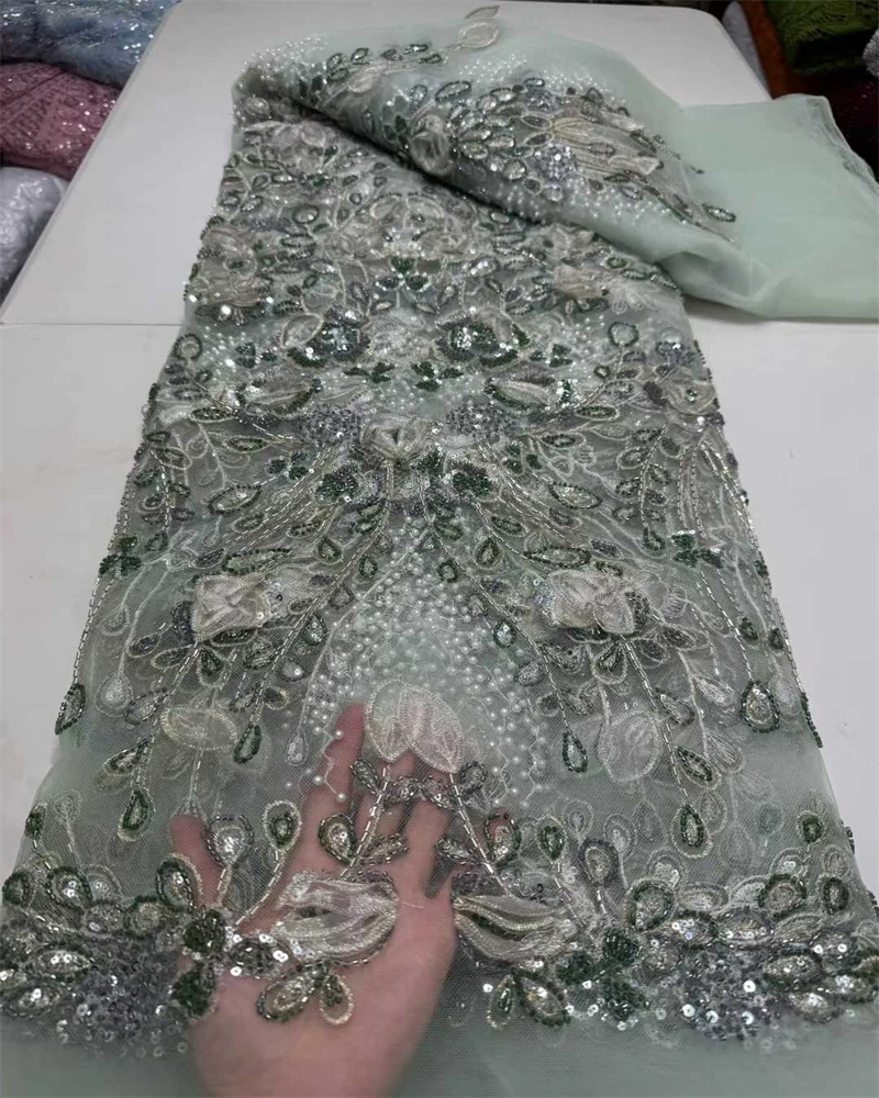 Beaded Lace Fabric Luxury Nigerian Lace Fabric  High Quality Lace Burnt Orange Beaded Lace Fabric For Wedding KB3698