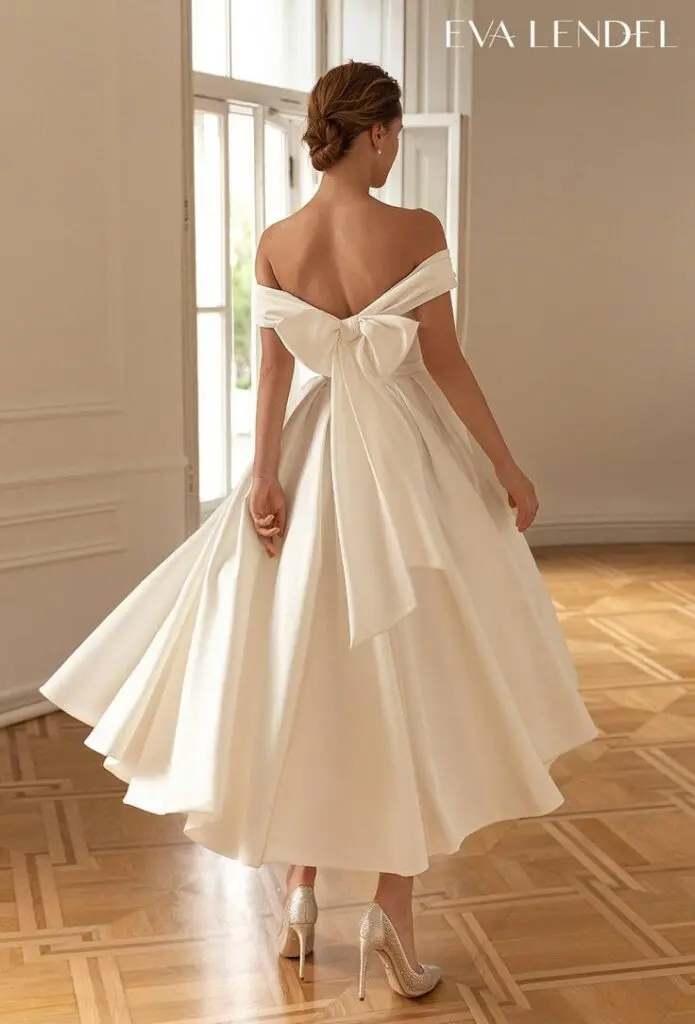 Para Mujer-Robe de mariée chic courte, col de la présidence à l'initiative, jupe VolAcquisMidi, élégante éducative, grand nœud en satin, WW8269