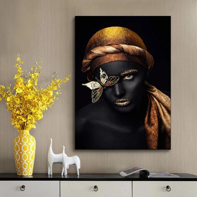 African Flower Woman Potrait Wall Canvas Painting Art Posters and Prints Black Woman Holding Gold Jewelry Picture Home Decor