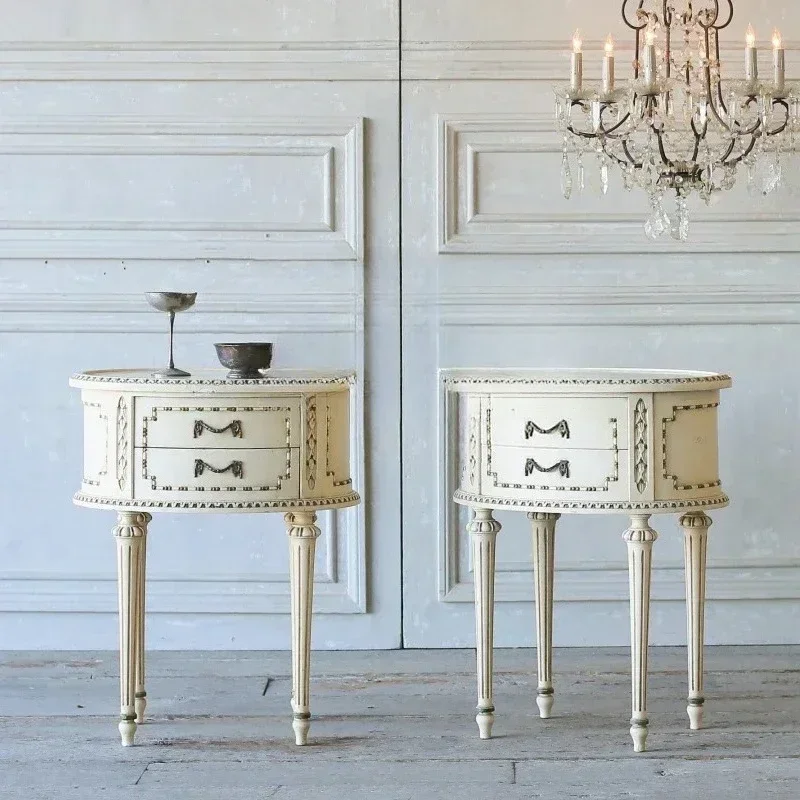 A French retro oval bedside table antique old chest of drawers neoclassical carved solid wood bedroom locker