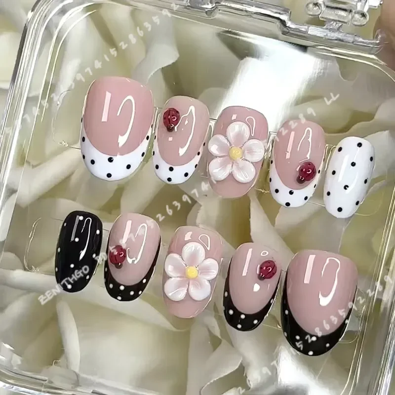24Pcs Set Short Oval 3D Gel Flower Ladybug Polka Dot French Tip Press On Nails Acrylic Fake Nails Include 1pcs Jelly Glue