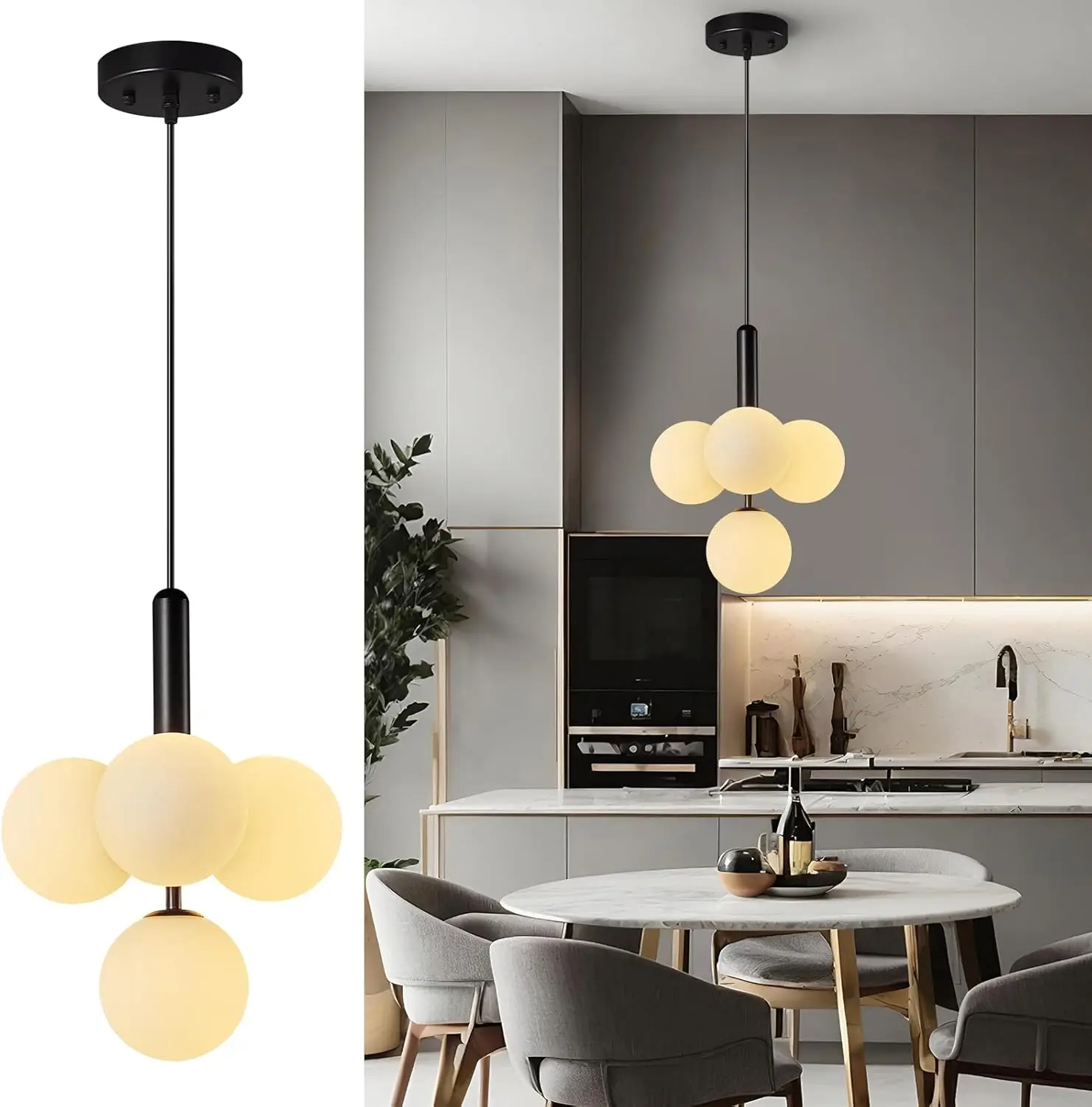 4 Light Globe Chandelier Mid Century Pendant Light With Milky White Glass Shade Modern Black Sputnik Chandeliers For Dining