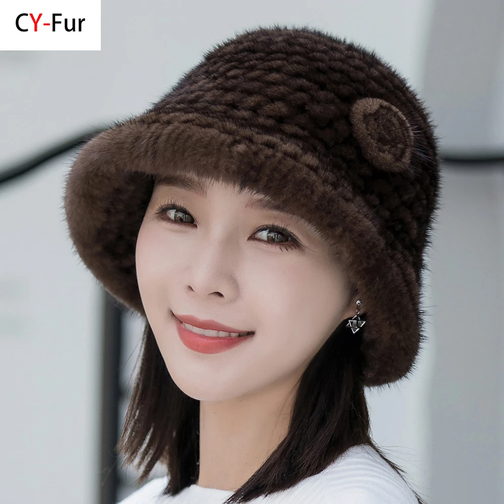 Woman Hat Winter Solid Mink Caps With Flower Natural Mink Fur Hats New Russian Girl Soft Knitting Real Fur Bucket Hats 2024 Warm