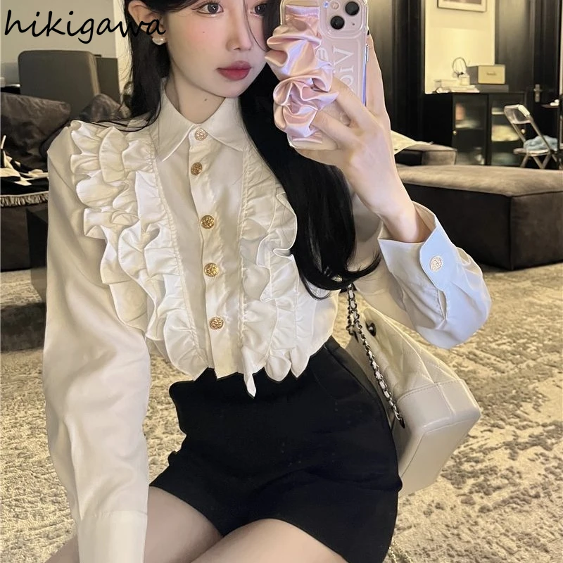 Long Sleeve White Blouse Women 2024 Blusas Mujer De Moda Single Breasted Ruffles Blouses Tops Vintage Korean Chic Summer Shirts