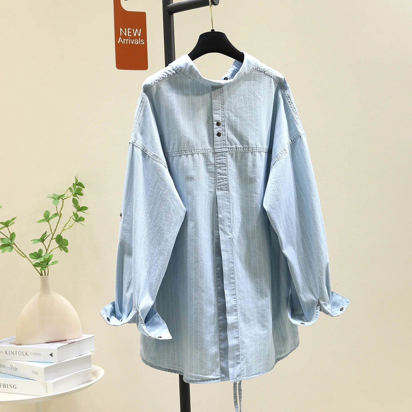 

SuperAen Korean Style Oversize Asymmetrical Blue Striped Denim Shirt for Women Loose Casual Design Long-sleeved Fashion Shirts