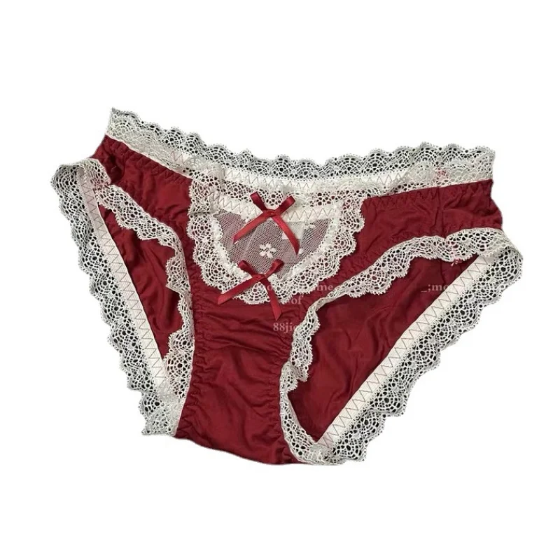 Red Lolita Underwear Girl Low Waist Cute Sexy Two-Dimensional Maid Briefs Lace