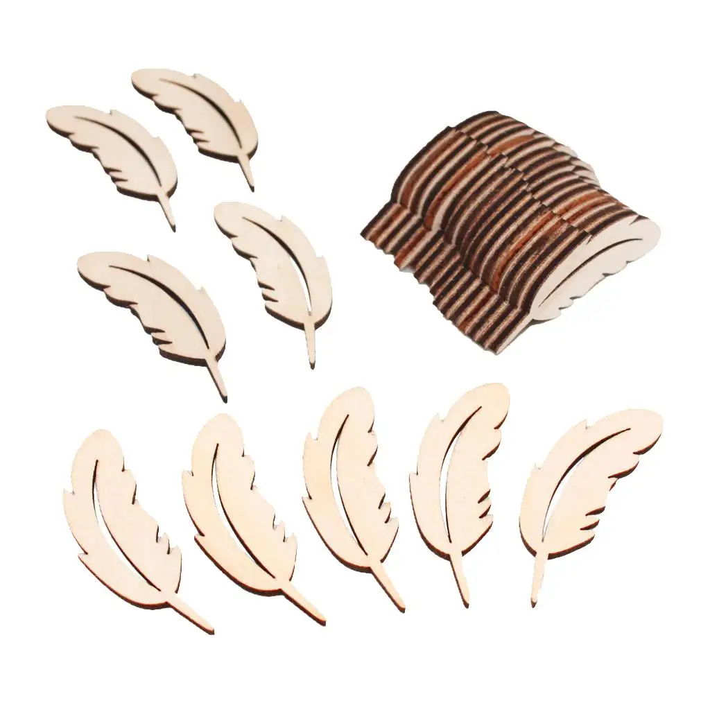 25 Pieces Feather Shape Unfinished Wood Shape Embellishment for Art Craft Decoration 50mm