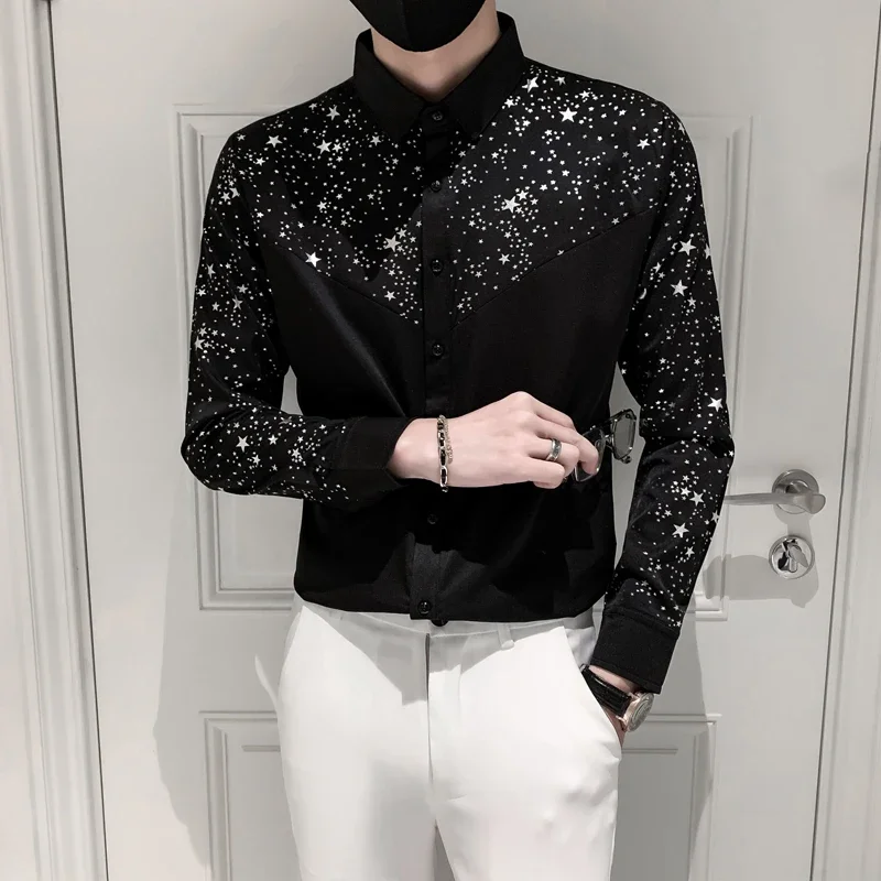 

Ropa Hombre Big Size Elegant Shirts For Men Fashion Patchwork Color Slim Fit Long Sleeve Star Sequin Men's Social Shirt Z407