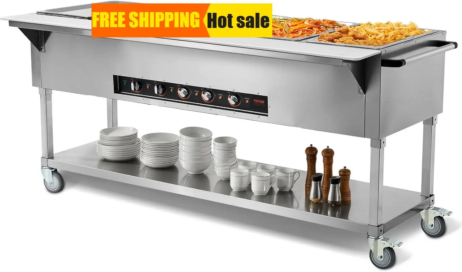 

5 Pan Commercial Food Warmer 5 x 20 6QT Electric Steam Table 3750W Professional Buffet Catering Food Warmer with 4 Wheels 2