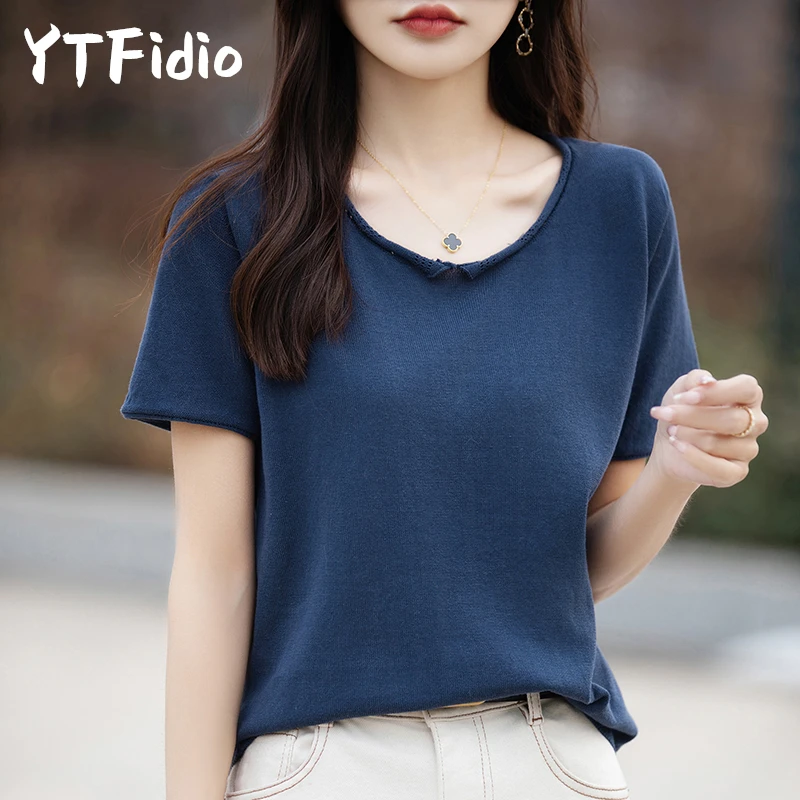 YTFidio 100% Cotton Women Curled Collar Solid Versatile T-shirt Luxury Designer Clothing Plus Size Clearance Sale 141