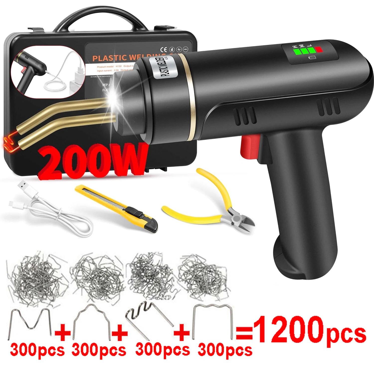 200W Cordless Plastic Welder Plastic Weld Kit with 4 Tpyes Hot Staples Plastic Welding Machine Tool 5.0Ah Rechargeable Battery