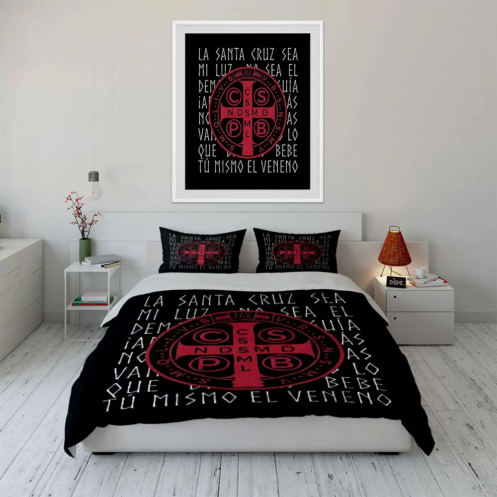 Red Saint Benedict emblem with text Pattern Duvet Cover Set Digital Print Colorful Polyester Bedding with Zipper Closur for gift
