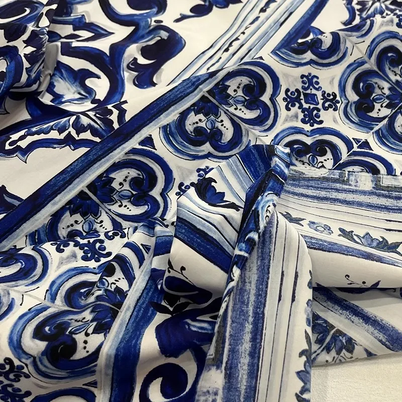 Europe And America Fashion Blue And White Porcelain Printed Cotton Fabric For Woman Dress Blouse Handmade DIY Cloth Sewing