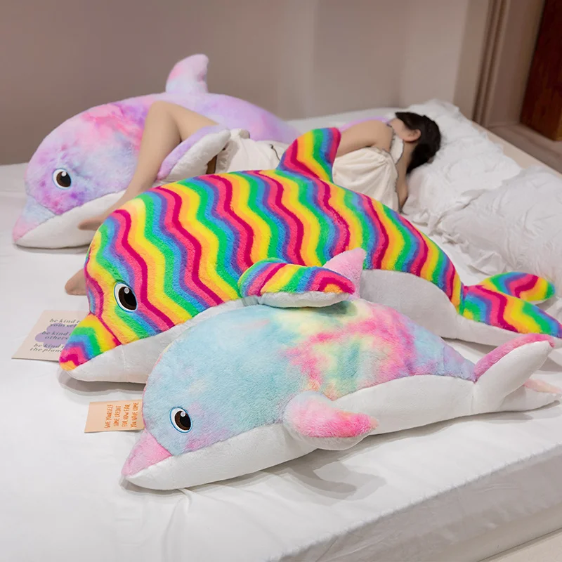 130cm Gaint Soft Cartoon Colorful Dolphin Plush Doll Pillow Rainbow Marine Animal Soft Dolphin Plush Toy Home Decoration