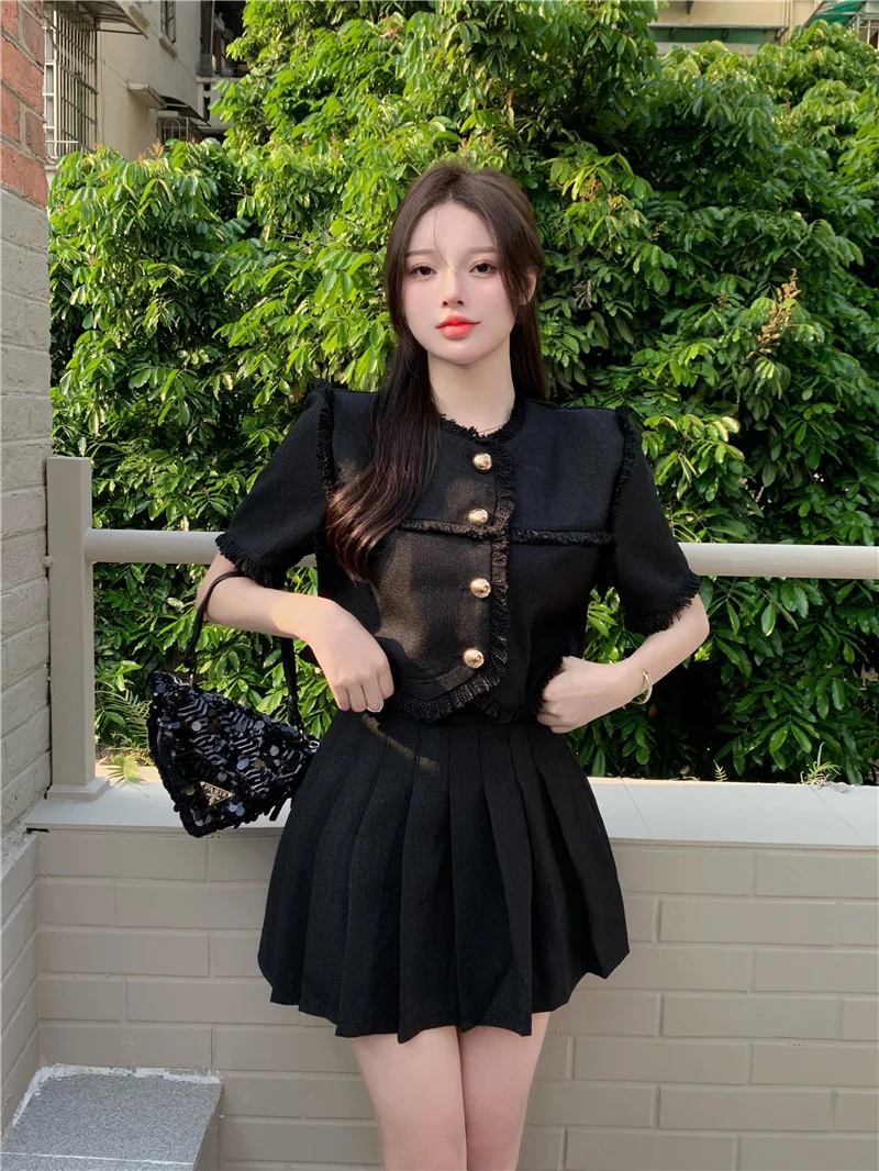 Women New Temperament Xiao Xiang Feng Pink Black Tassels Patchwork Single Breasted Short Sleeve+High Waist Pleated Skirts Suits