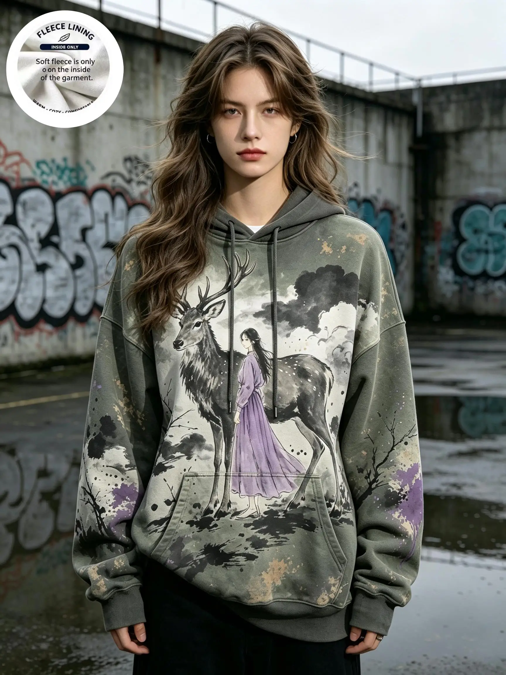 Womens Vintage Ink Style Fleece Hoodie Bear Wolf Deer Tiger Lady Print Drawstring Pocket Loose Halloween Tops