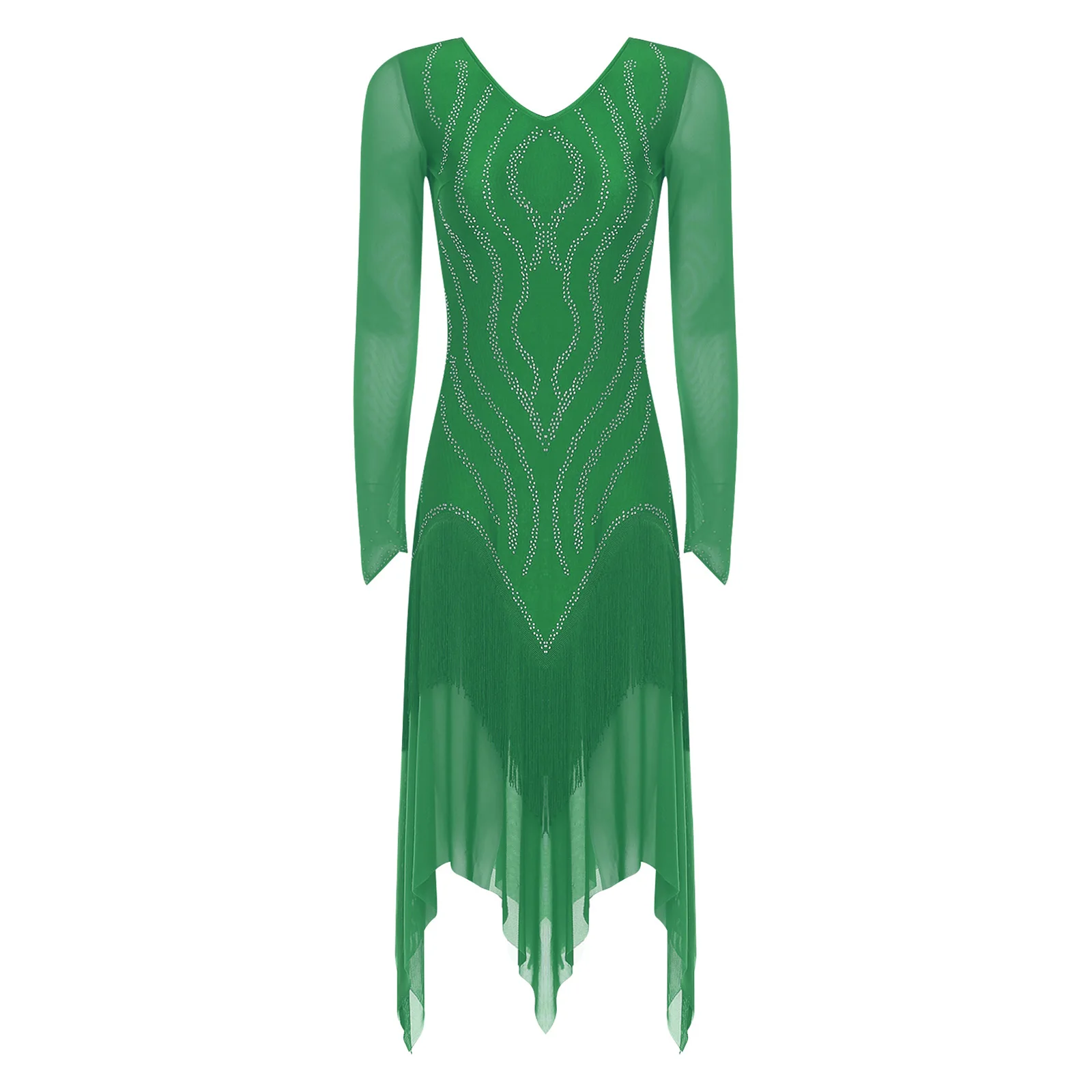 

Women Latin Ballroom Waltz Dance Performance Costume Mesh Long Sleeve Rhinestones Tassels Dress for Tango Rumba Dance Party Prom