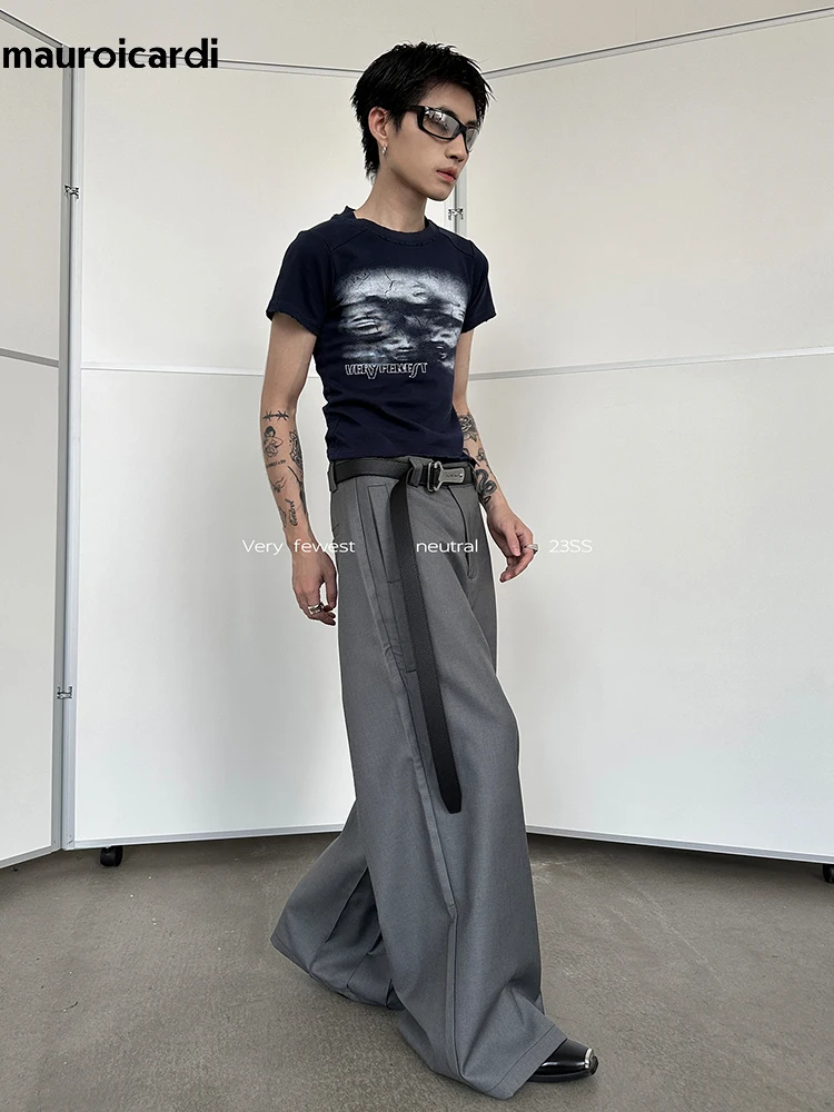 Mauroicardi Autumn Black Flowy Baggy Wide Leg Pants for Mens Streetwear Men Clothing Fashion Loose Casual Soft Gray Trousers