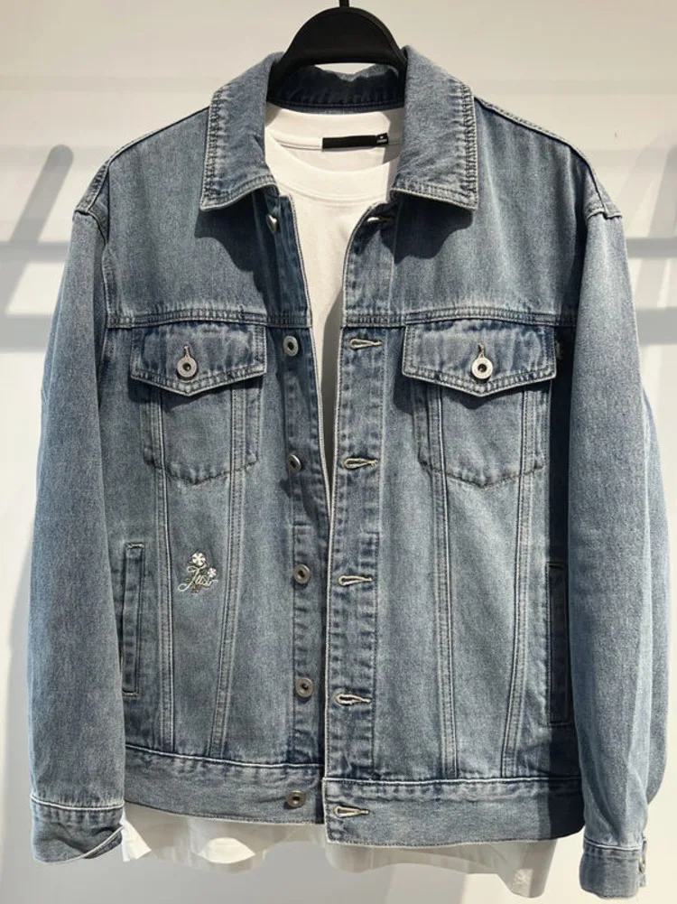 Vintage Flower Embroidery Denim Jacket Men Chic Casual Jeans Coat Slim Fit Buttons Up Spring Autumn Long Sleeve Outerwear