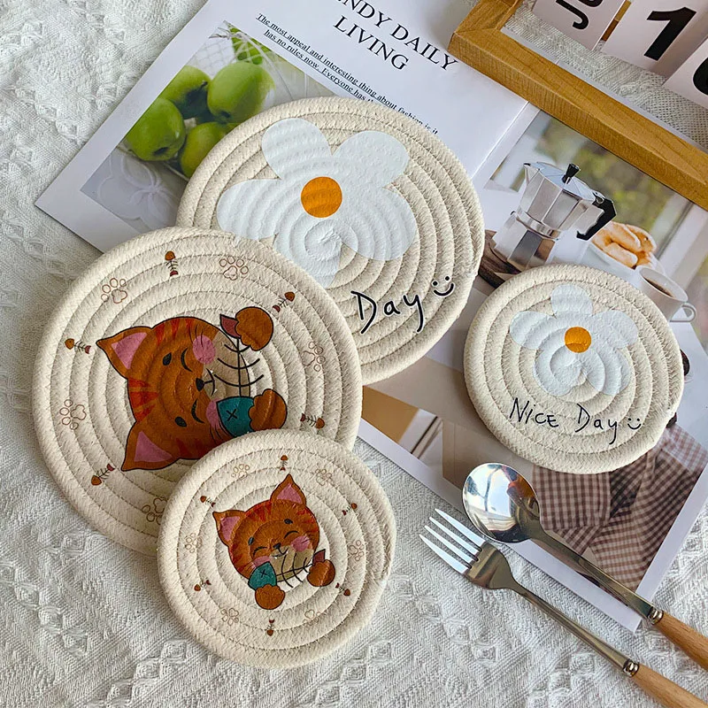2pcsJapanese-Style Ins Braided Insulation Table Mats Coasters Creative Cute Cartoon Kitten Coaster Bowl Mat Cotton Rope Placemat