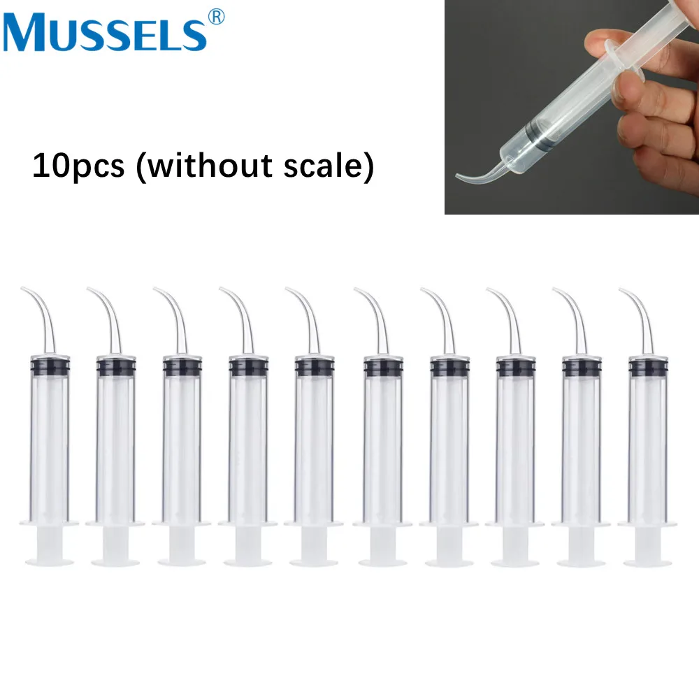 10pcs Dental Irrigation Syringe With Curved Tip 12ml Disposable Plastic Elbow Needle Tube Teeth Flushing Injection Material Tool