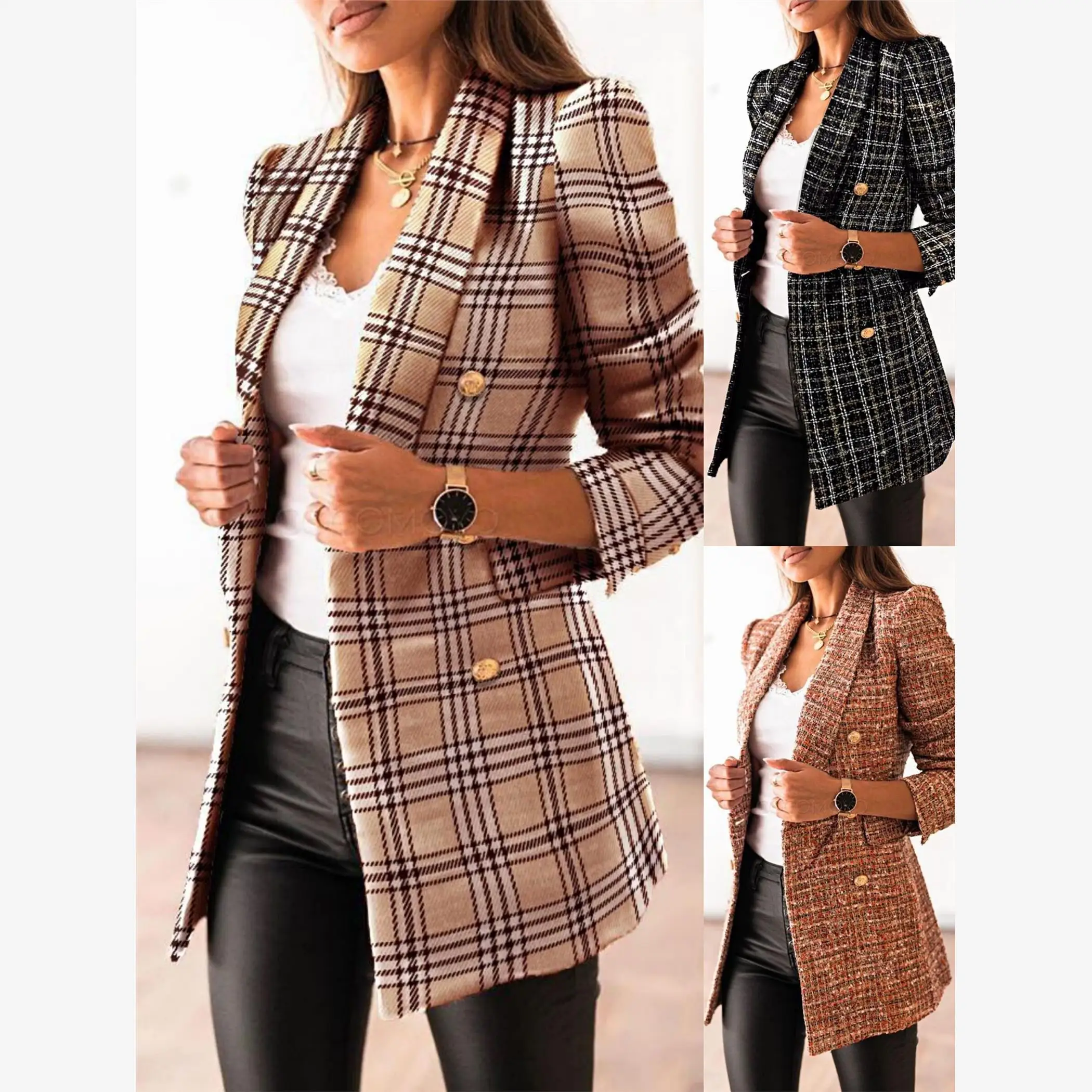 

Faionable Long Sve Printed irt Jaet Street Sle Slim Fit Polyester Autumn Winter Double Breasted Suit Collar Coat