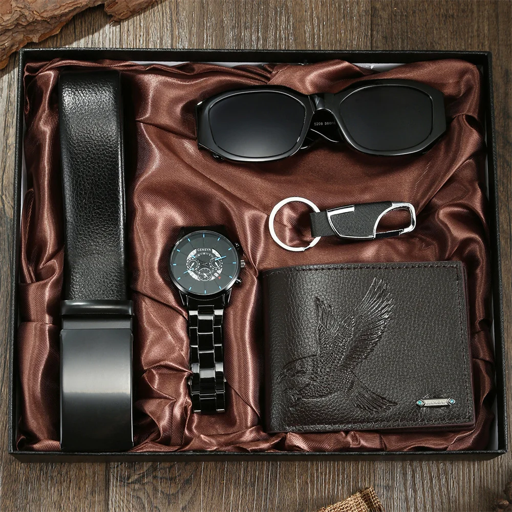 New Trendy Mens Watch Belt and Wallet Gift Set with Sunglasses Keychain Men Gift Box Set Boyfriend Dad Husband Birthday Gifts