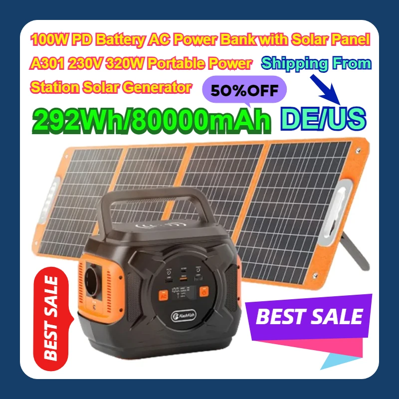 

100W PD Battery 292Wh/80000mAh AC Power Bank with Solar Panel A301 230V 320W Portable Power Station Solar Generator