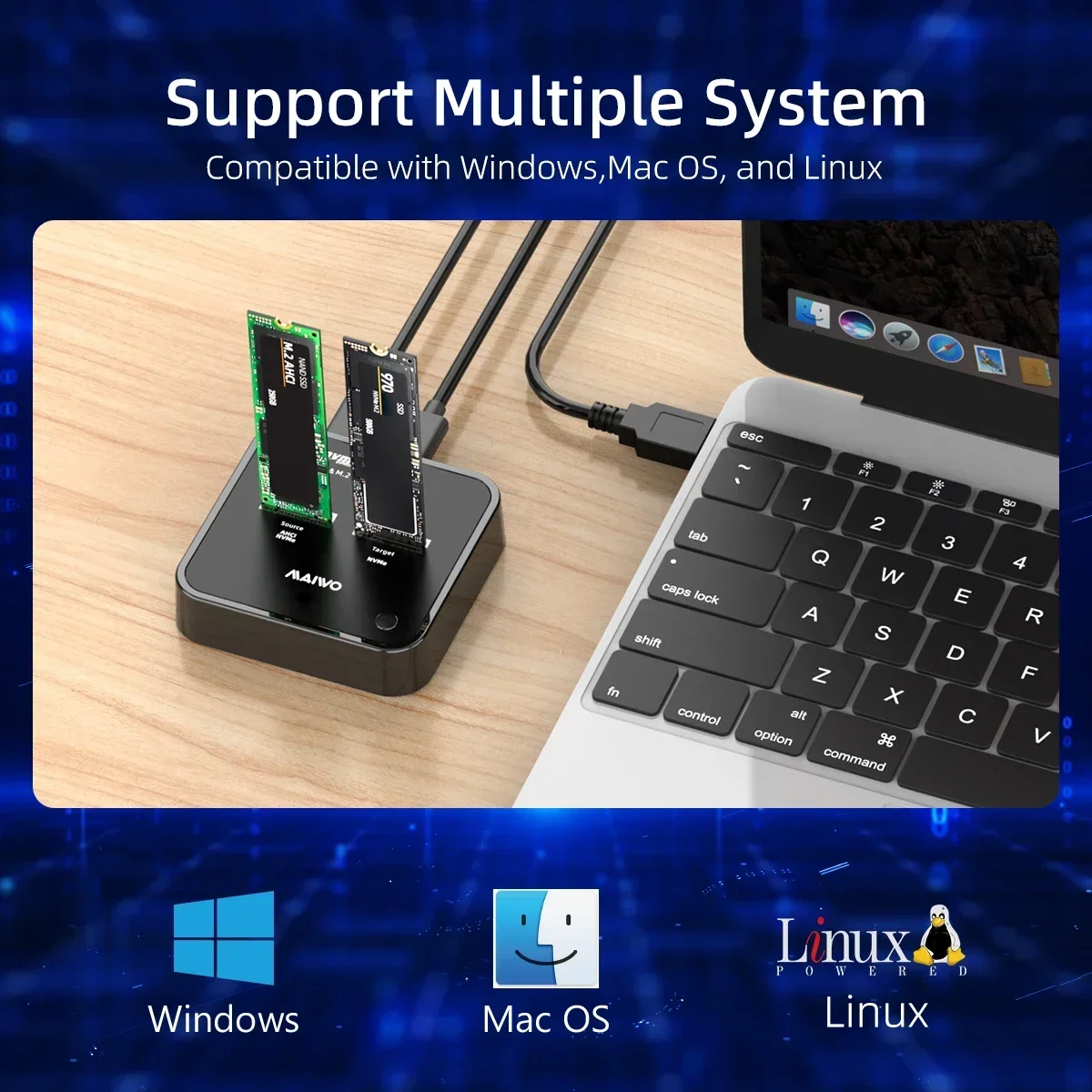 MAIWO USB3.2 AHCI M.2 NVMe SSD adaptador de carcasa duplicador móvil con M2 SSD 2230/2242/2260/2280 compatible con clon sin conexión de una tecla