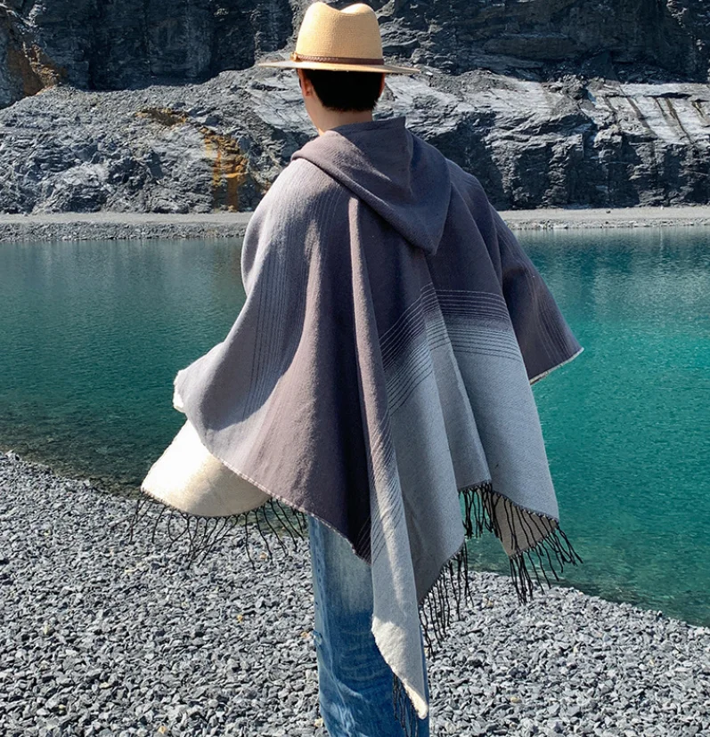 

Мужская шаль в геометрическом стиле в этническом стиле для отдыха на природе, путешествий, теплый и ветрозащитный плащ, шаль, плащ, имитация кашемира