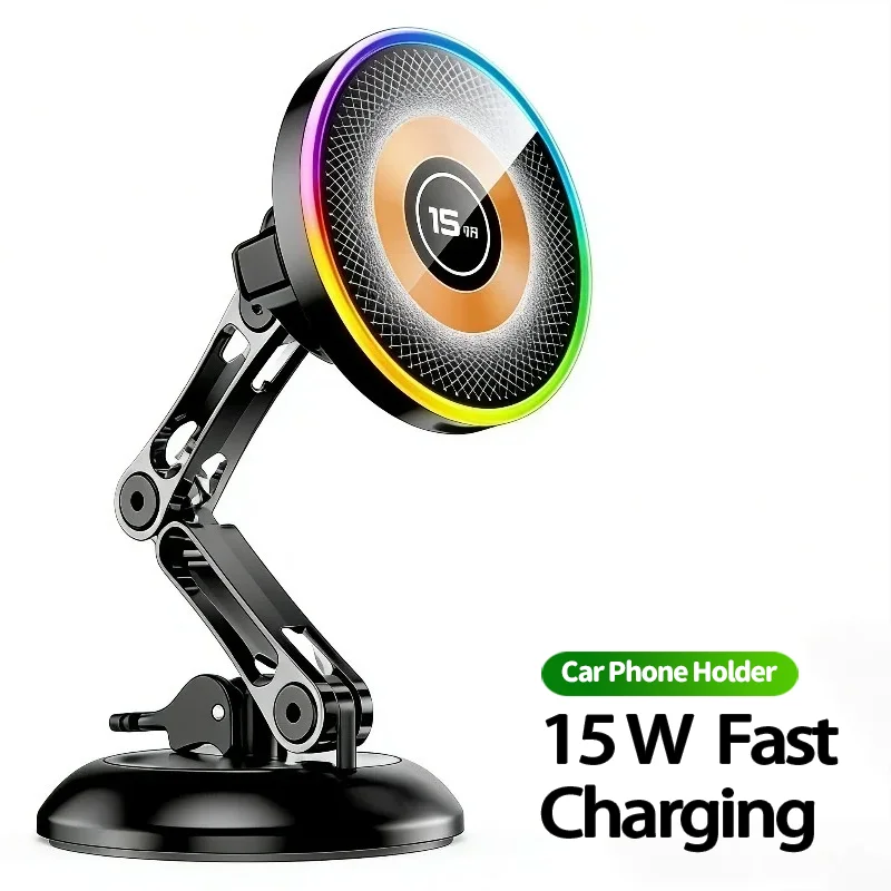 

Magnetic Wireless Charging Car Phone Holder with RGB Light 360° Rotatable Vacuum Suction Mount For iPhone 17 16 15 14 13 Pro Max
