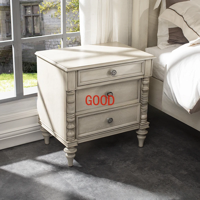 American solid wood bedside table simple bedroom oak old carved three-bucket cabinet