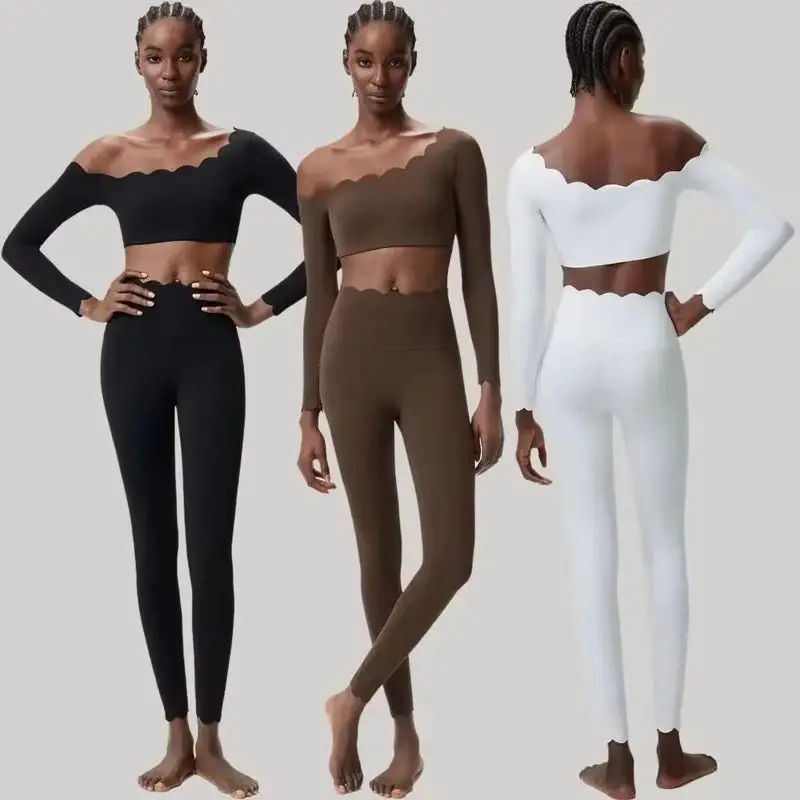2 Piece Gym Set Workout Sets Elegant Long Sleeve High Waist Leggings Black Pilates Outfit For Women Slim Fit Women's Tracksuit