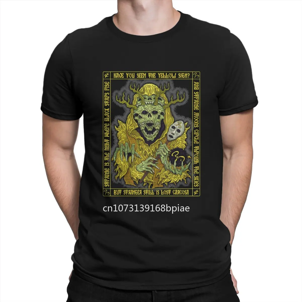 Yellow King Icon T-Shirts for Men Howard Phillips Lovecraft Hastur Fashion Pure Cotton Tee Shirt Round Short Sleeve T Shirts