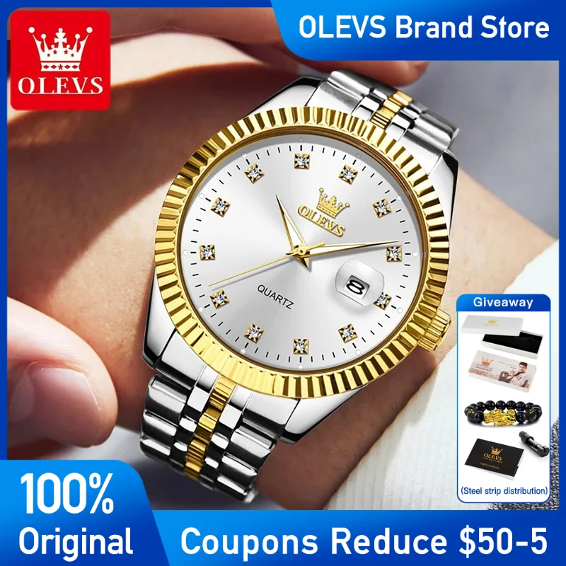 

OLEVS 5526Mens Watch Brand Stainless steel Diamond setting Quartz Men's Wristwatch Waterproof Luminous calendar luxury Reloj