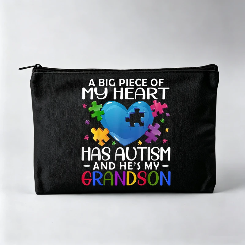 Women's Autism Awareness Heart & Puzzle Piece Print Makeup Bag, Zipper Cosmetic Pouch for Daily Use