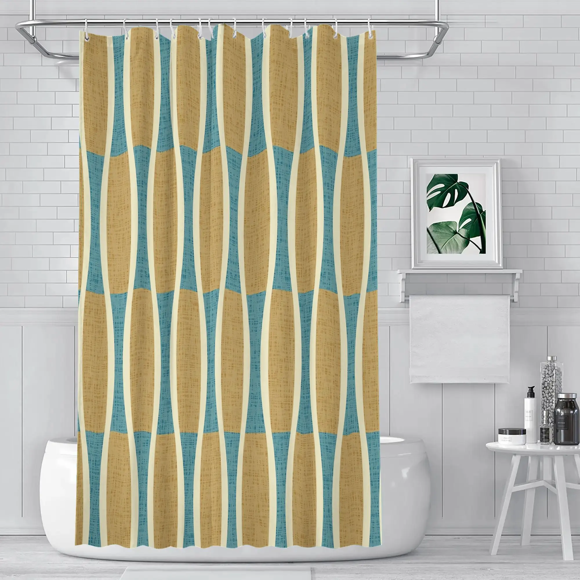 Waterproof Striped Shower Curtain Liner Boho Gold Blue Stripe Pattern Modern Luxury Bathroom Decor Home Shower Curtain