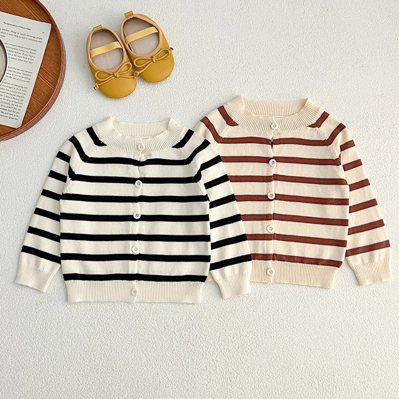 

2024 New Autumn Toddler Baby Girl Knitting Cardigan Long Sleeved Striped Knit Newborn Baby Girls Sweater Coat Children Clothes