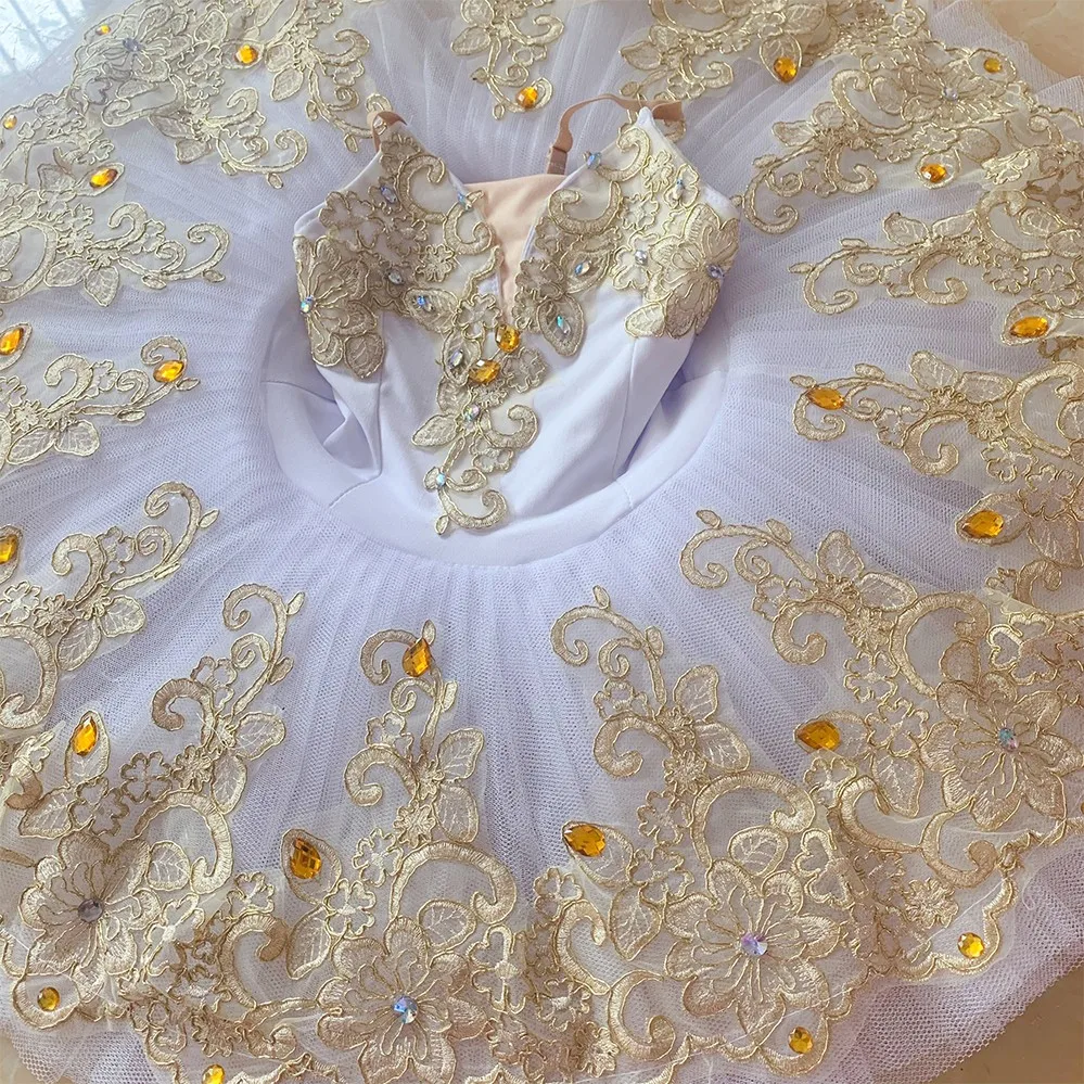 

Белая профессиональная балетная пачка для детей, девочек, женщин и взрослых, золотые кружевные балетные костюмы, праздничное платье балерины для девочек