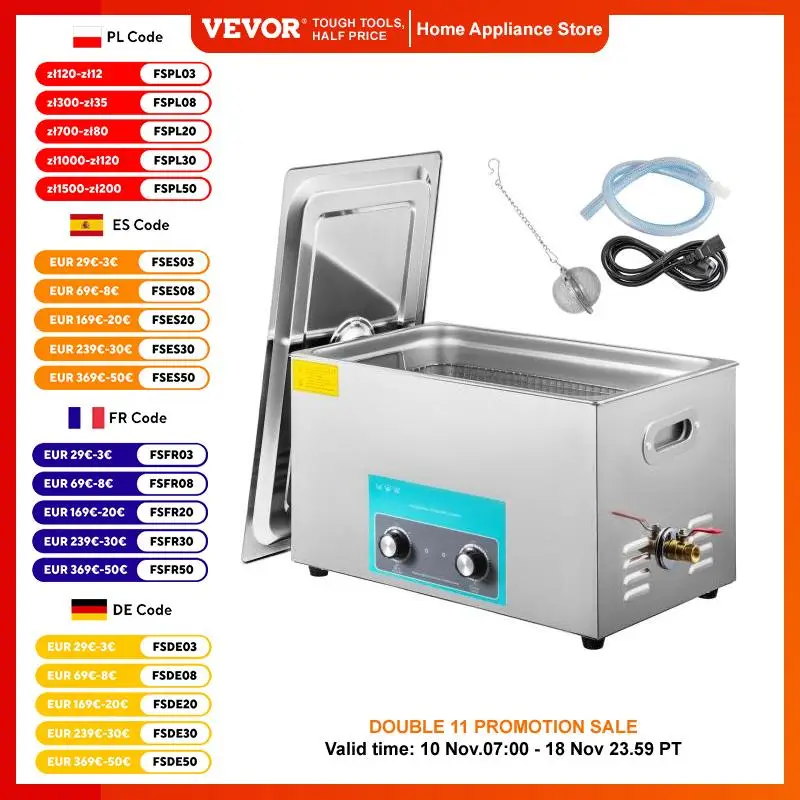 VEVOR 30L Ultrasonic Cleaner Knob Control Jewelry Cleaner with Heater Timer for Cleaning Jewelry Eyeglass Rings Dentures